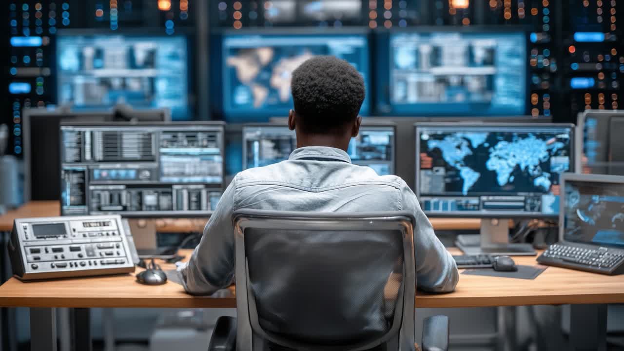 A Focused Analyst in a High-Tech Control Room Overseeing Global Data Streams and Monitoring Information on Multiple Screens in a Modern Digital Workspace