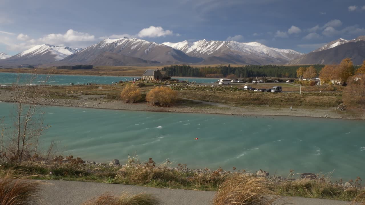 Lake Tekapo Overlooking The Church Of The Good Shepherd In South Island, New Zealand. Wide Shot