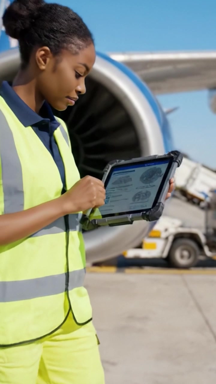 Aviation Ground Staff Managing Operations with a Tablet Near an Airplane Engine on the Tarmac in Bright Sunlight