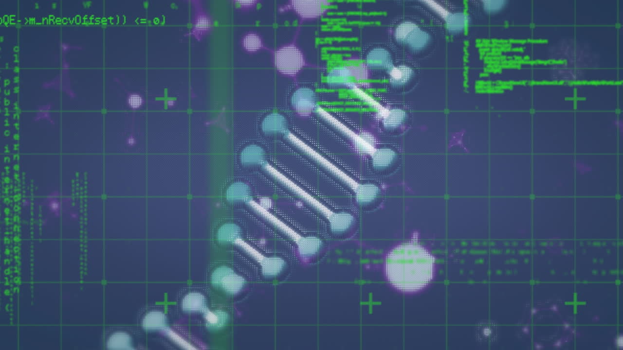 dna 구조가 회전하고 분자 구조가 파란색 배경의 데이터 처리에 대해 떠다니고 있습니다.