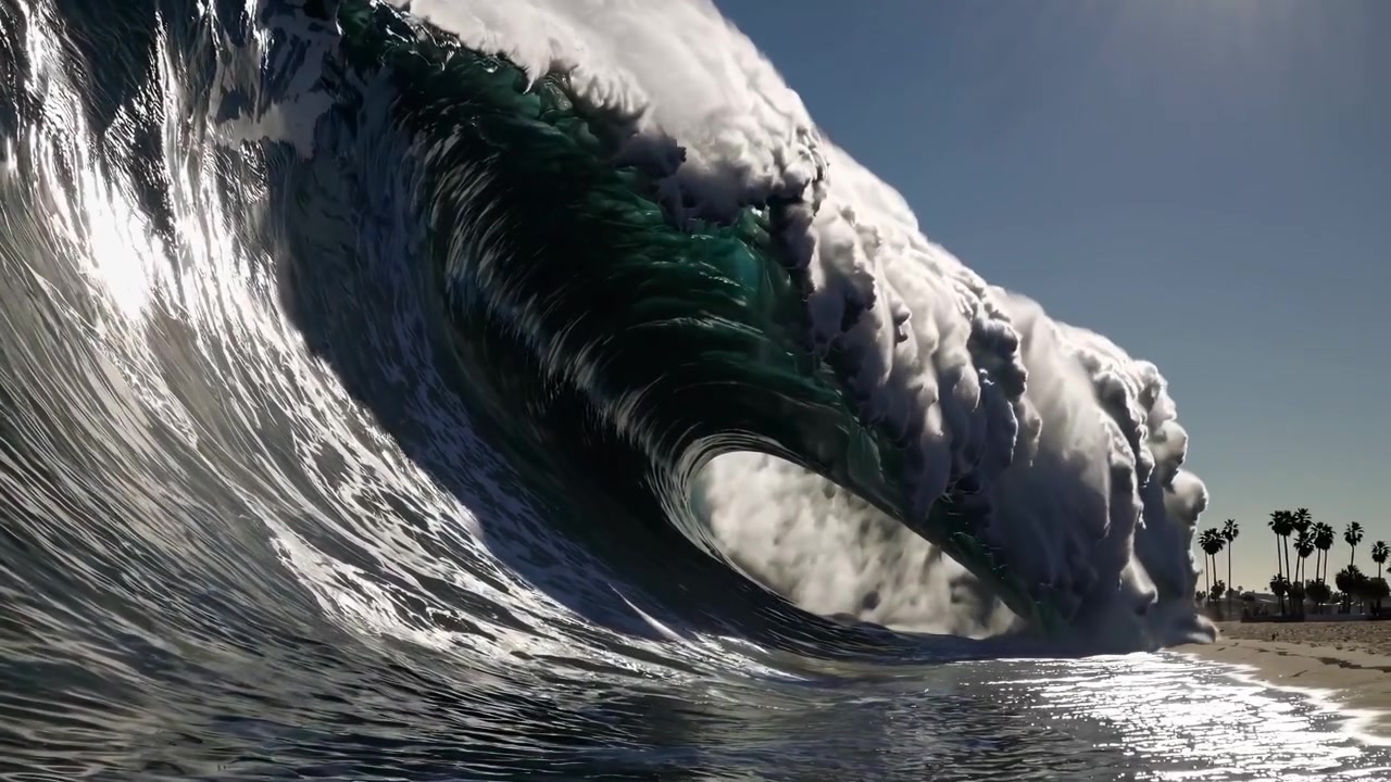 Ola gigante del océano rompiendo cerca de una playa soleada