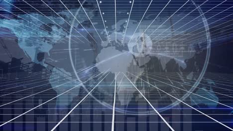 animación del escaneo del alcance, la red de conexiones y el procesamiento de datos sobre el mapa del mundo