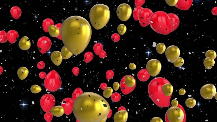 Animazione di coriandoli che cadono e palloncini rossi e dorati che volano su sfondo nero.
