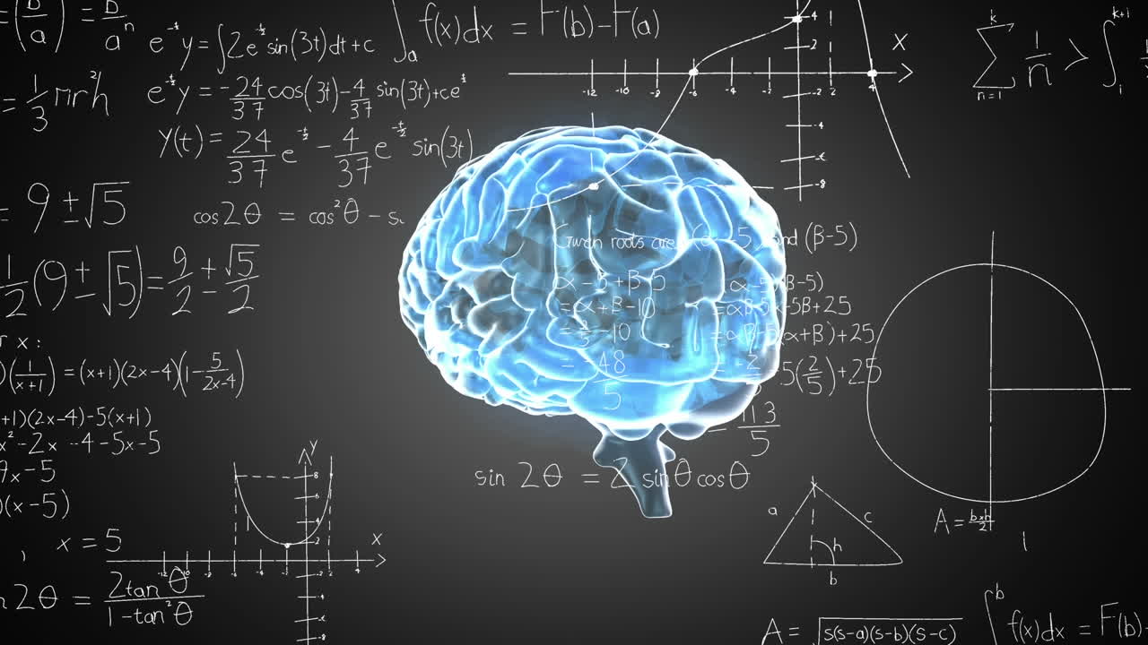 animación del icono del cerebro humano giratorio y ecuaciones matemáticas contra un fondo gris