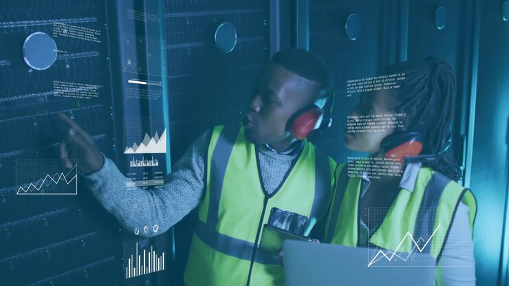 Animation of diagrams and data processing over biracial workers in server room