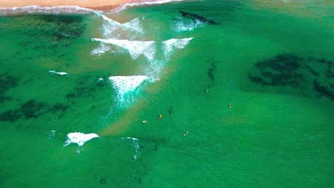 Vista-Aérea-Del-Océano,-Olas-Aplastantes,-Surfistas-Y-Playa,-4k