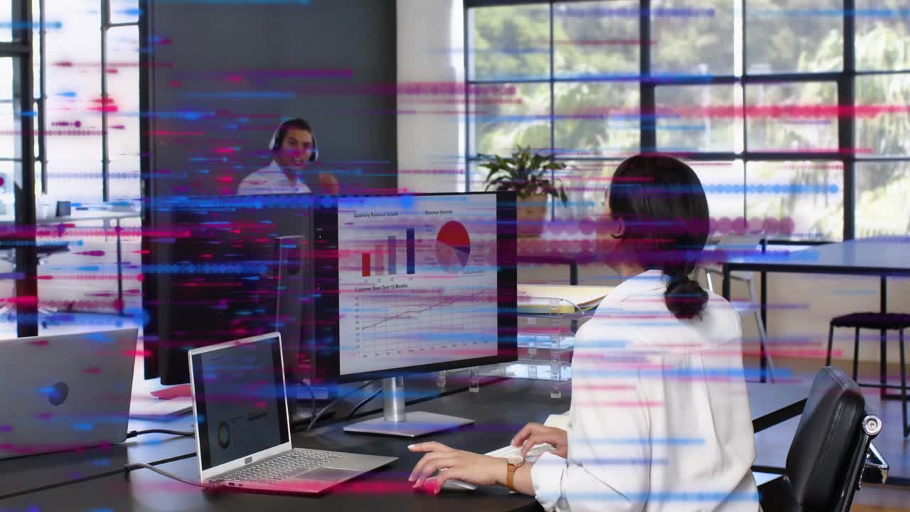 Woman entering office typing reviewing finance chart while man wearing headset glitch lines passing