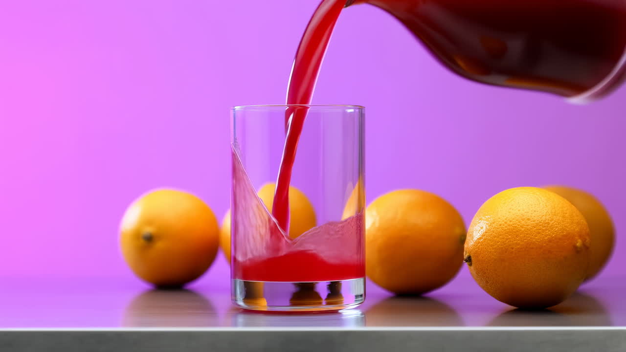 Glass Filled By Vibrant Red Juice Against Purple Background Trio Of Oranges On Reflective Surface Slow Motion