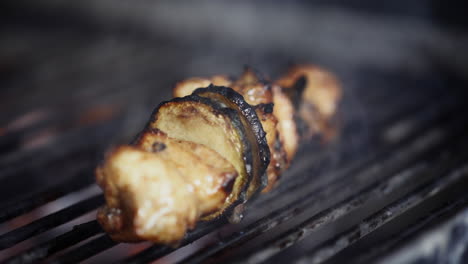 juice coming out of the meat grilling over the fire with slices of cucumber in a skewer - closeup shot
