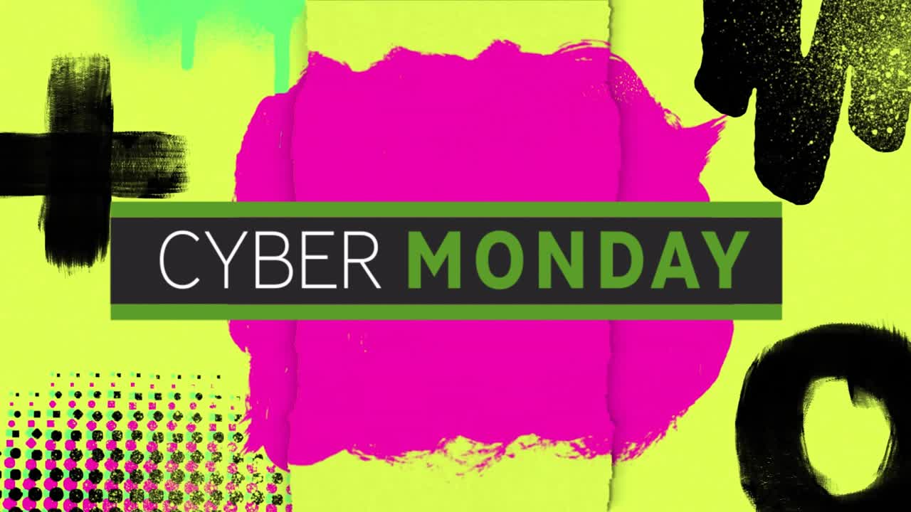 Animazione del testo "Cyber Monday" su uno sfondo a motivo vivace.