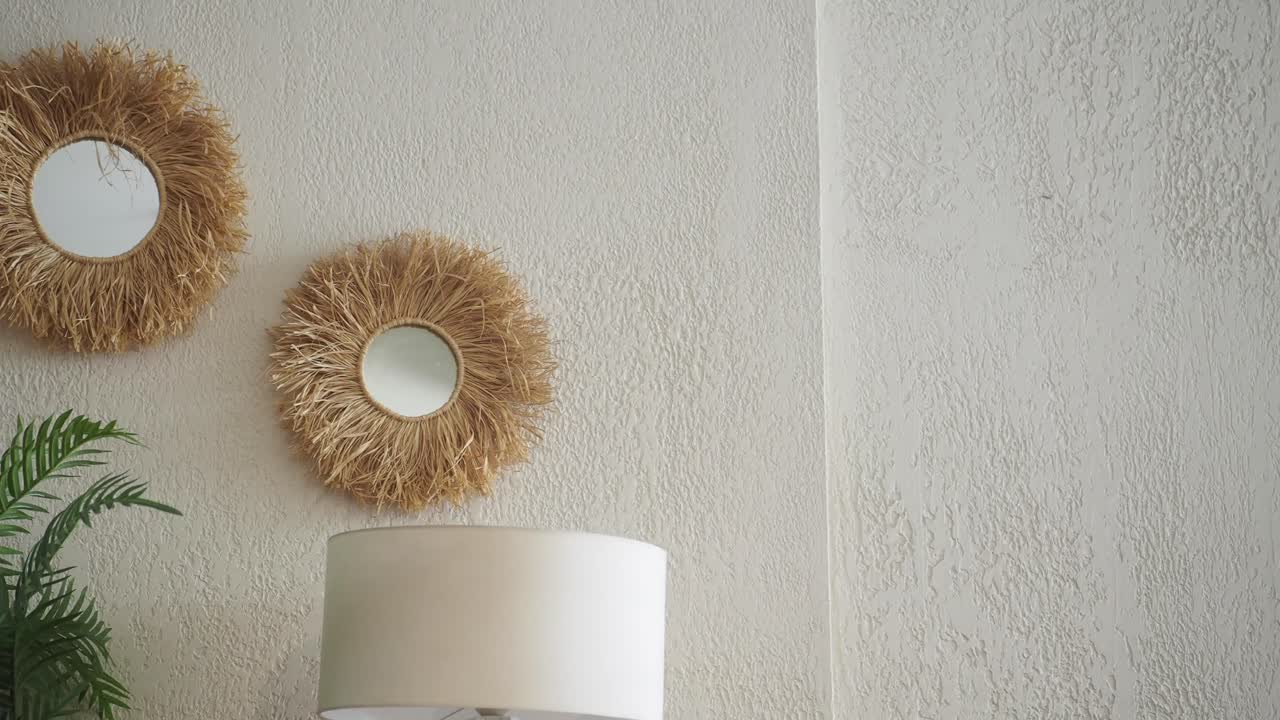 Interior with decorative mirrors, a plant, and a lamp