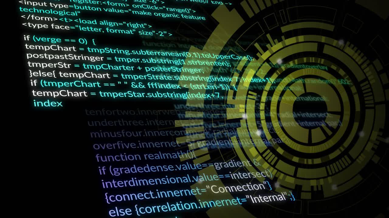 Code initiating rotating circular HUD lighting, scrolling variables showing real-time processing