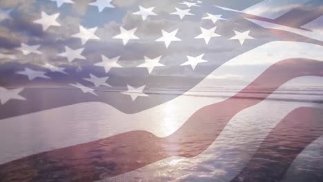 Digitale-Komposition-Der-Schwenkenden-US-Flagge-Vor-Der-Luftaufnahme-Des-Strandes