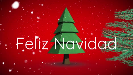 animation of felix navidad text and snow fallling over spinning christmas tree on red background