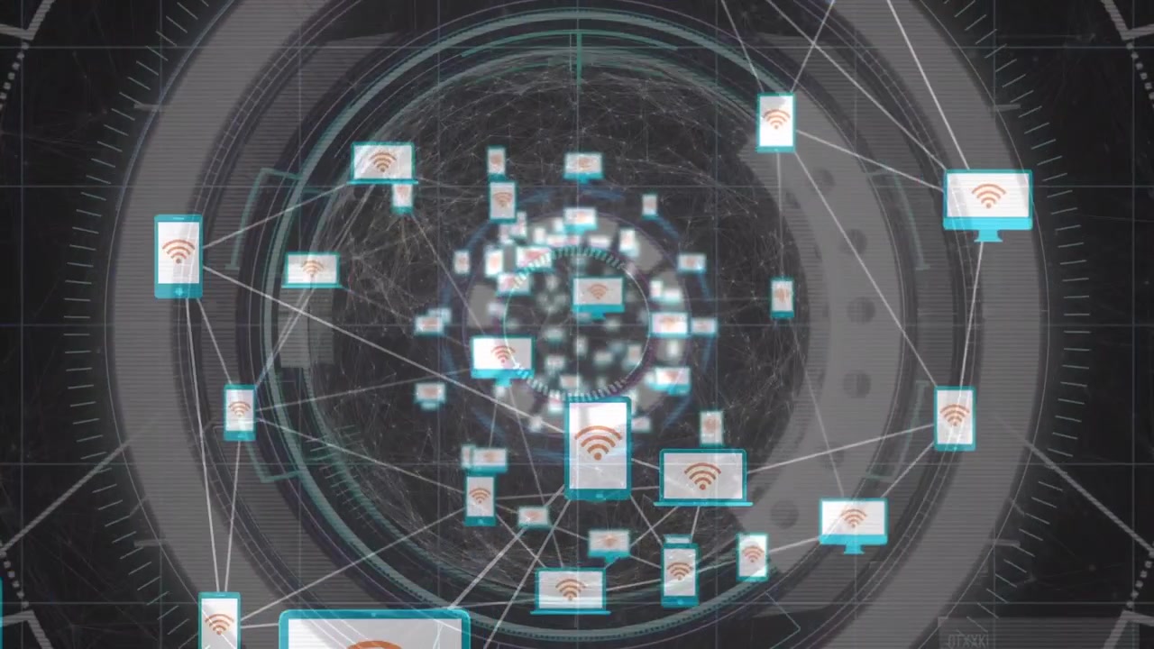 Animazione di una rete di connessioni su sfondo scuro