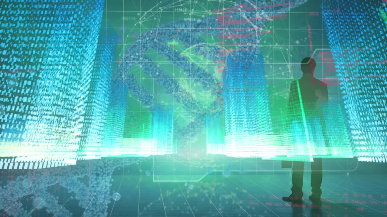 dna 스트랜드와 도시에 대한 데이터 처리의 애니메이션.