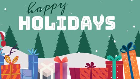 animation of happy holidays text at christmas over presents and snow falling