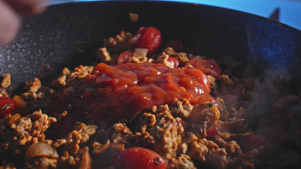 냄비에 체리 토마토 요리와 함께 칠면조 갈은 토마토 소스를 붓는
