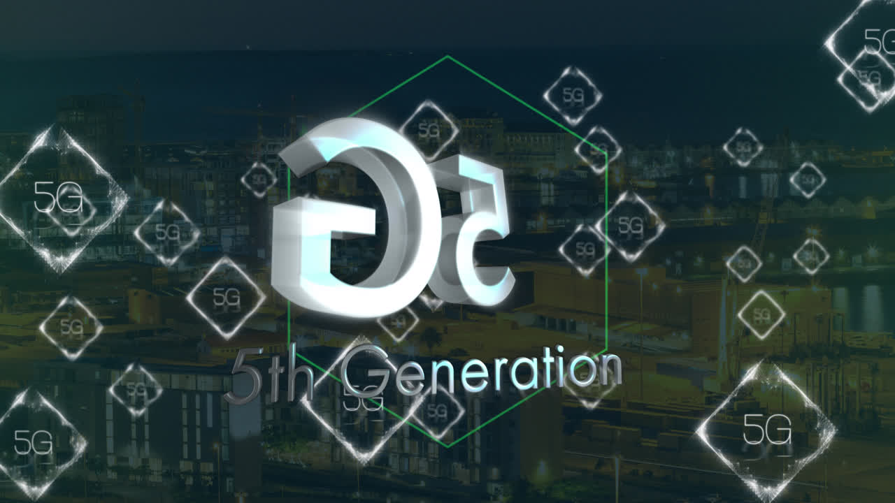 Animace sítě spojení s textem 5G nad panoramatem města