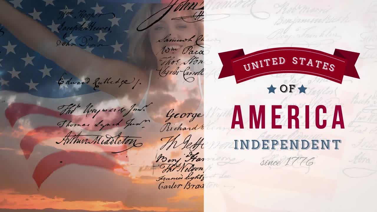 Woman holding American flag with constitution and independent banner