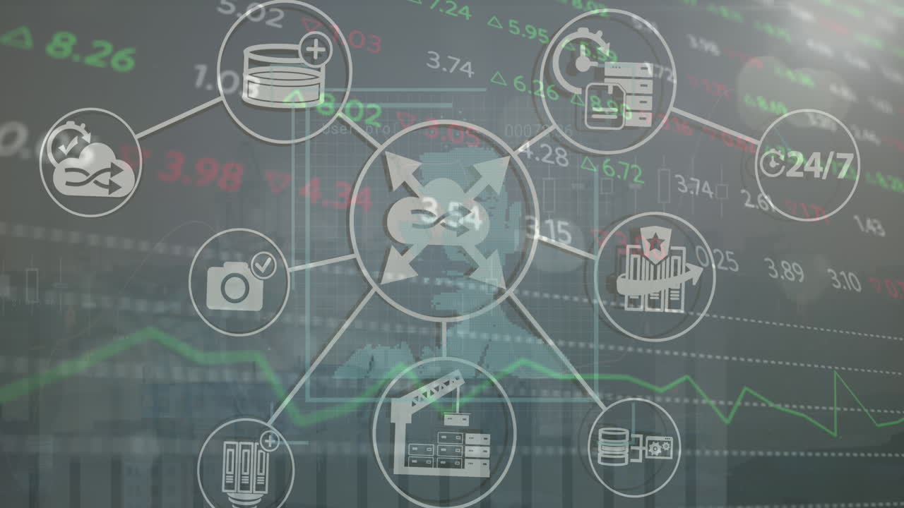 анимация обработки финансовых данных через сеть соединений с иконами и портретами людей.