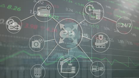 animación del procesamiento de datos financieros a través de una red de conexiones con íconos y retratos de personas.