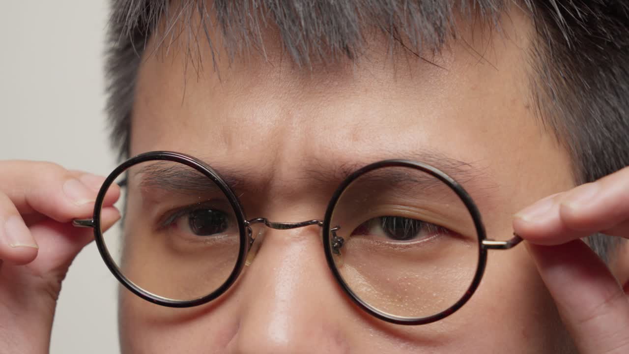 Close Up Young Southeast Asian Man's Eyes Portrait, Try on Eyeglasses, Glasses