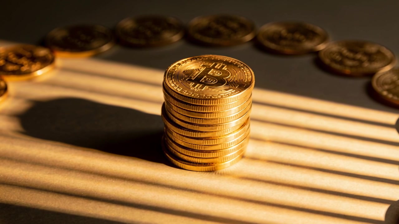Moving camera drawing gold BTC stack closer on tabletop under shadow bands, focusing Bitcoin emblem