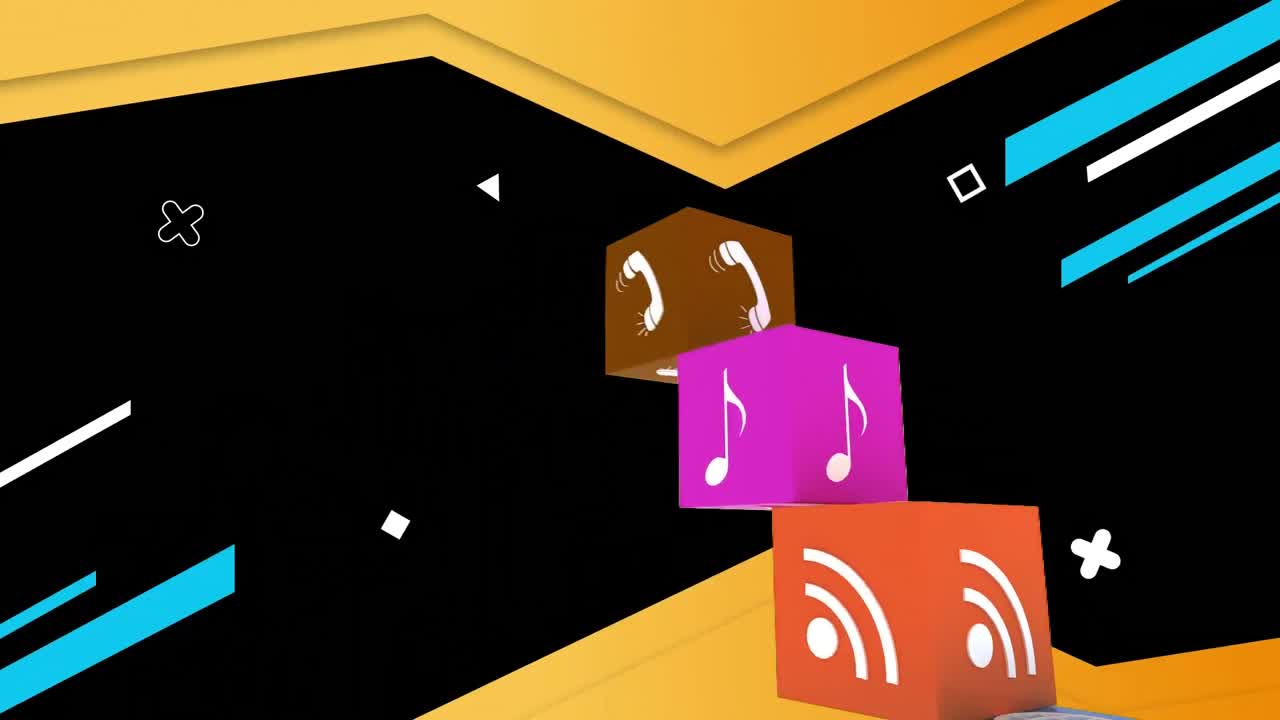 animación de nubes e iconos digitales que vuelan sobre formas abstractas y fondo negro