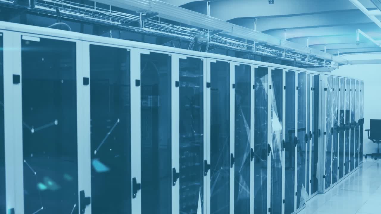 Animation of network of connections over tech room with computer servers