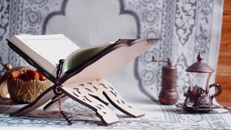 quran book close-up, praying, islamic religion. religious holiday ramadan, holy month. worship, making traditional prayer to god