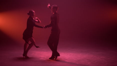 elegant dancers holding hands during performance. graceful couple dancing .