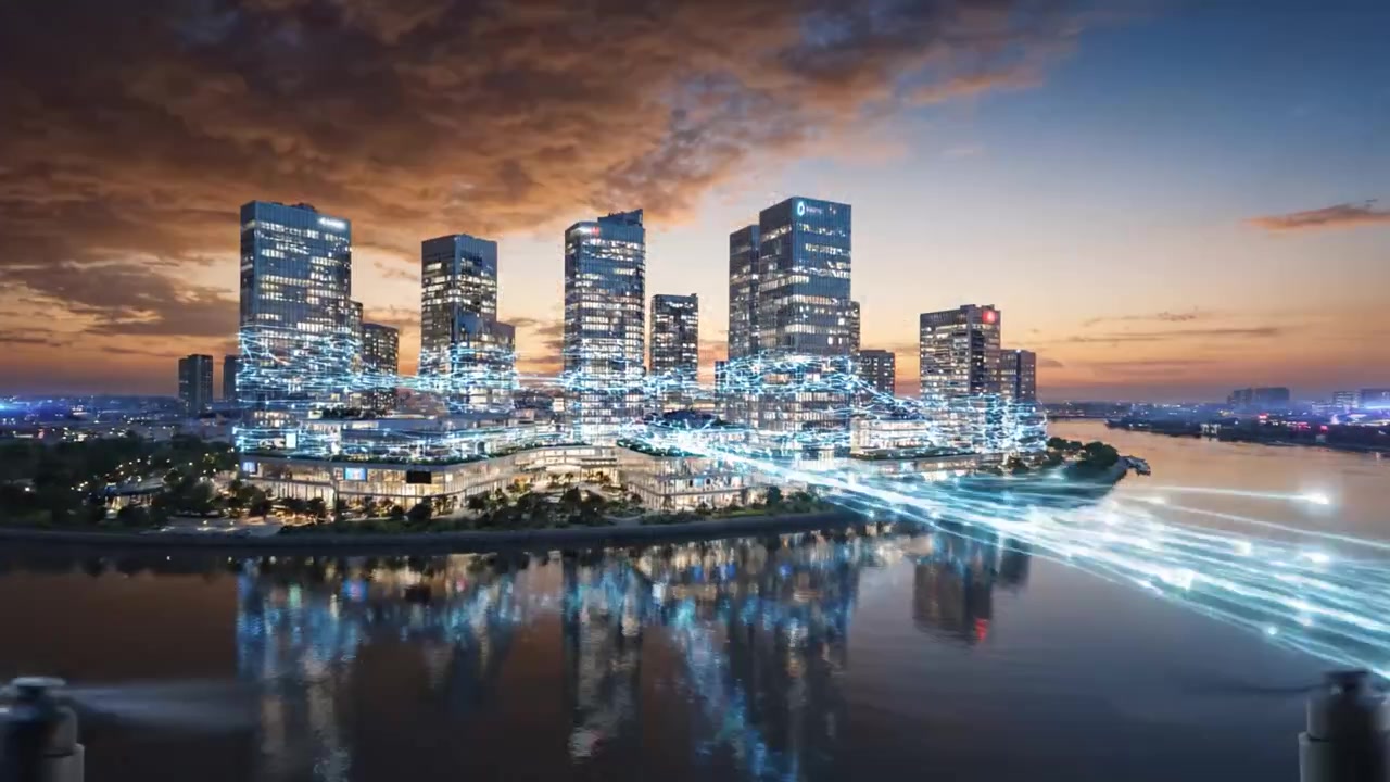 Futuristische Stadt-Skyline in der Dämmerung mit beleuchteten Gebäuden und spiegelndem Wasser, die fortschrittliche Architektur und Technologie in der modernen Stadtentwicklung präsentiert.