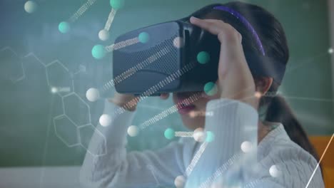 animation of dna strand, numbers and network of connections over schoolgirl using vr headset