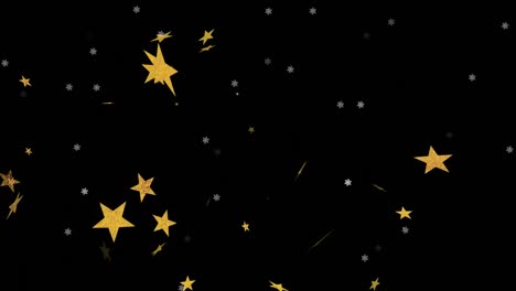 Animation-Von-Sternen-über-Schneeflocken-Auf-Schwarzem-Hintergrund