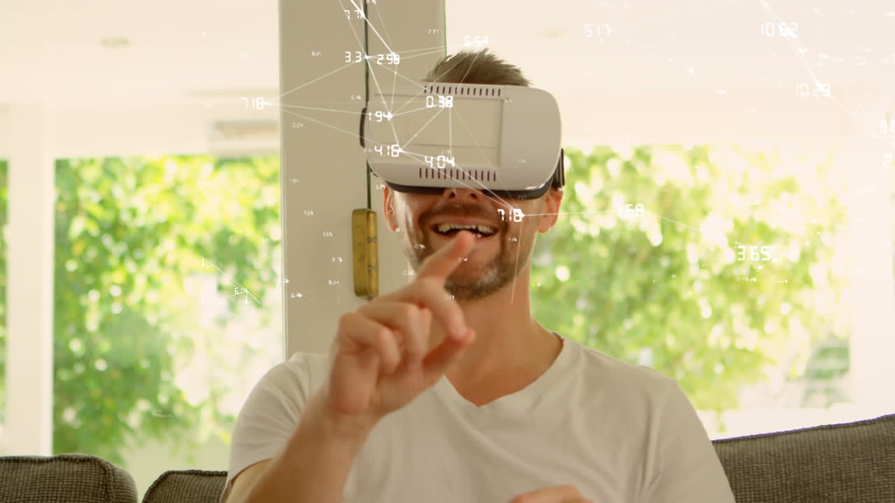 animación del globo con red de conexiones sobre el hombre utilizando auriculares vr