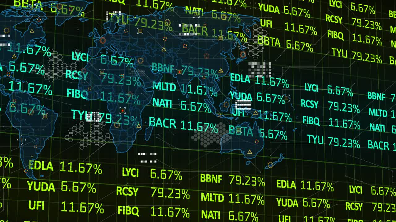 Animation of financial data processing and world map on black background