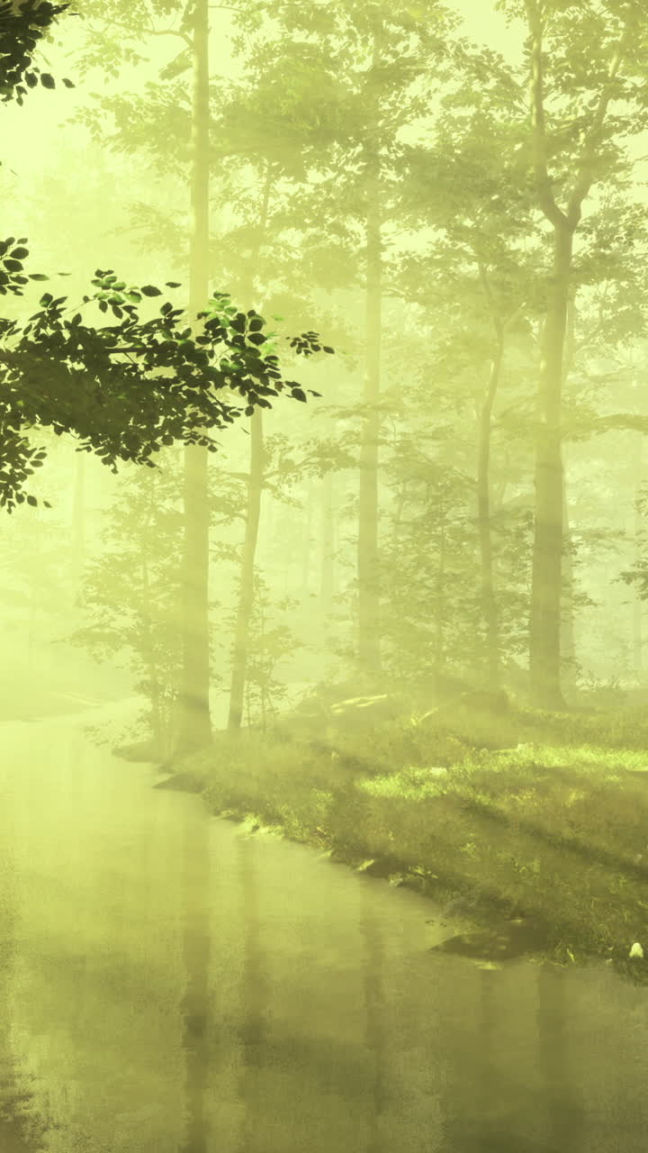 Golden sunlight penetrates the lush canopy of a tranquil forest