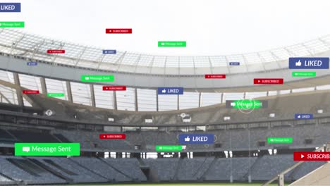 animación de iconos de las redes sociales en pancartas sobre un estadio deportivo vacío