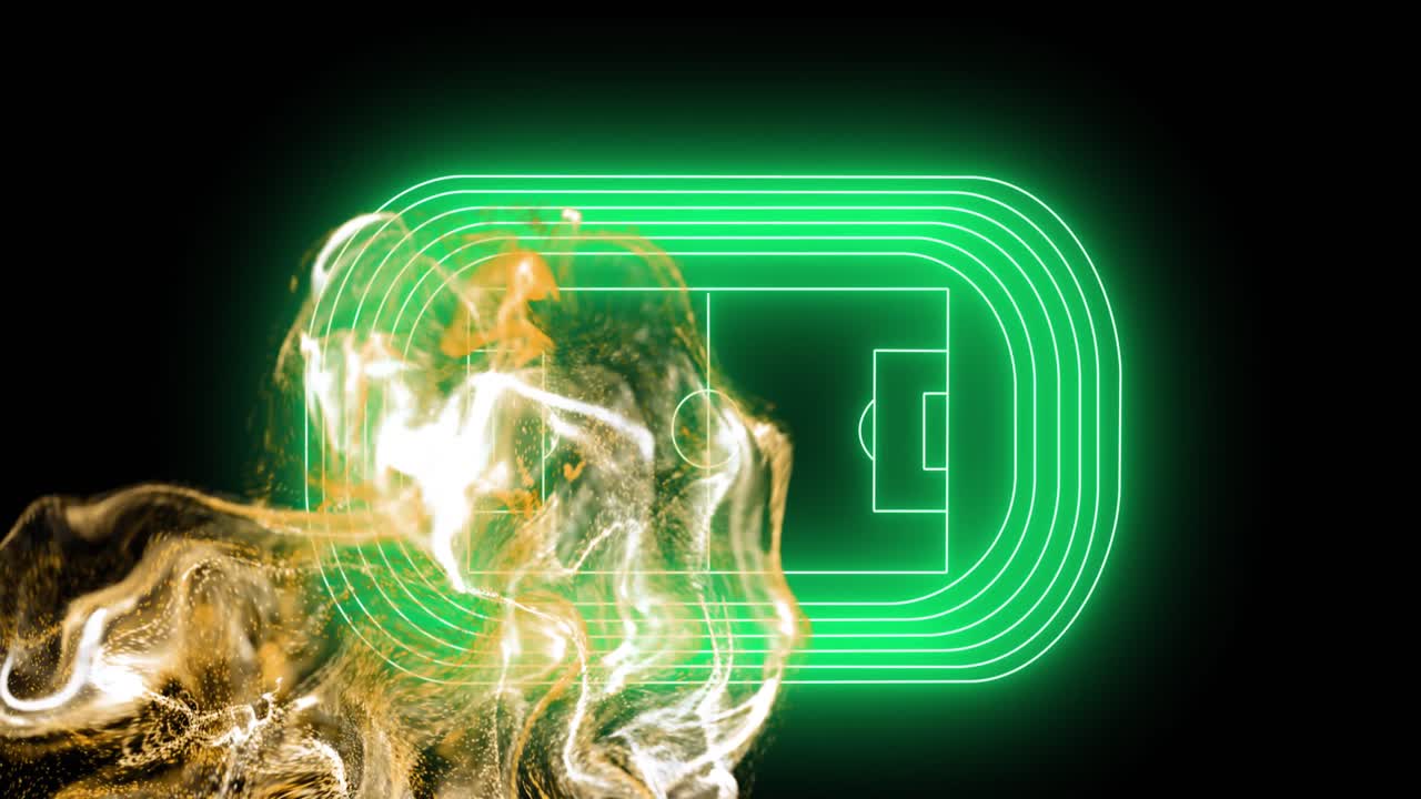 анимация желтой цифровой волны над неоновым зеленым расположением футбольного поля на черном фоне.