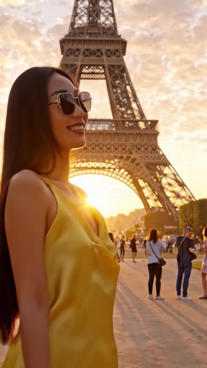Una Donna Radiosa in un Abito Giallo Fluente Posa Elegantemente Contro lo Splendido Sfondo del Tramonto della Torre Eiffel a Parigi, Creando una Scena Accattivante