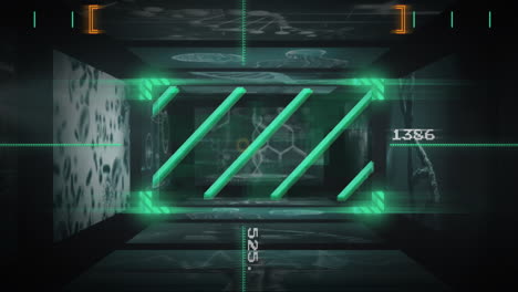 central hud frame glowing neon bars highlighting dna helix in tunnel, featuring biotech panels