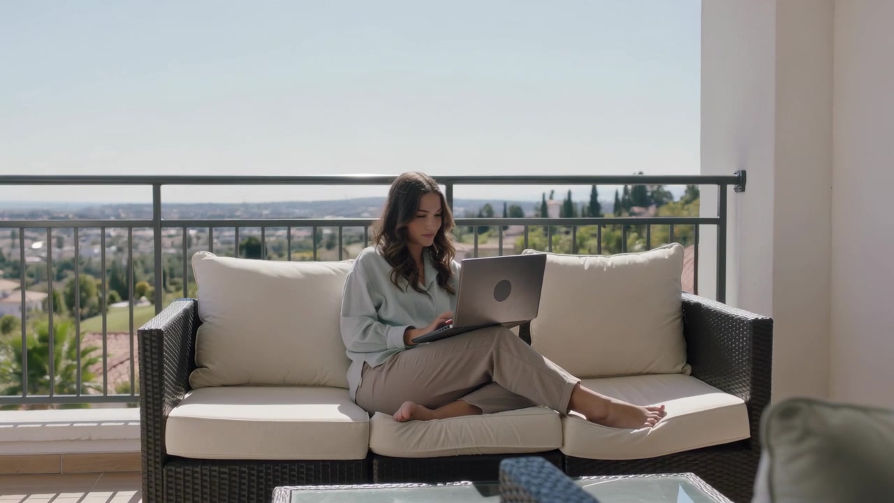 Donna che apre il laptop, con top chiaro e pantaloni beige, digita e scorre sul divano del balcone mentre lavora.