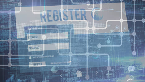 Animation-of-network-of-connections-over-register-card-and-data-processing