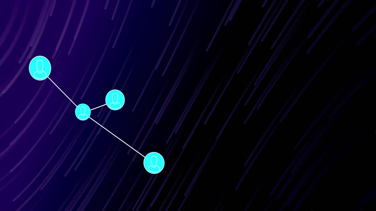 animación de la red de conexiones con puntos sobre senderos de luz púrpura en fondo negro