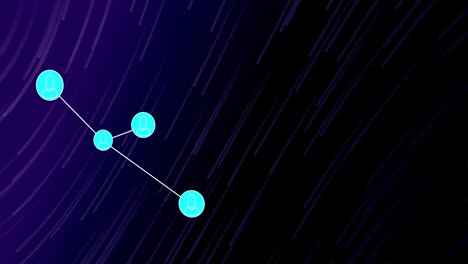 Animation of network of connections with spots over purple light trails on black backgorund
