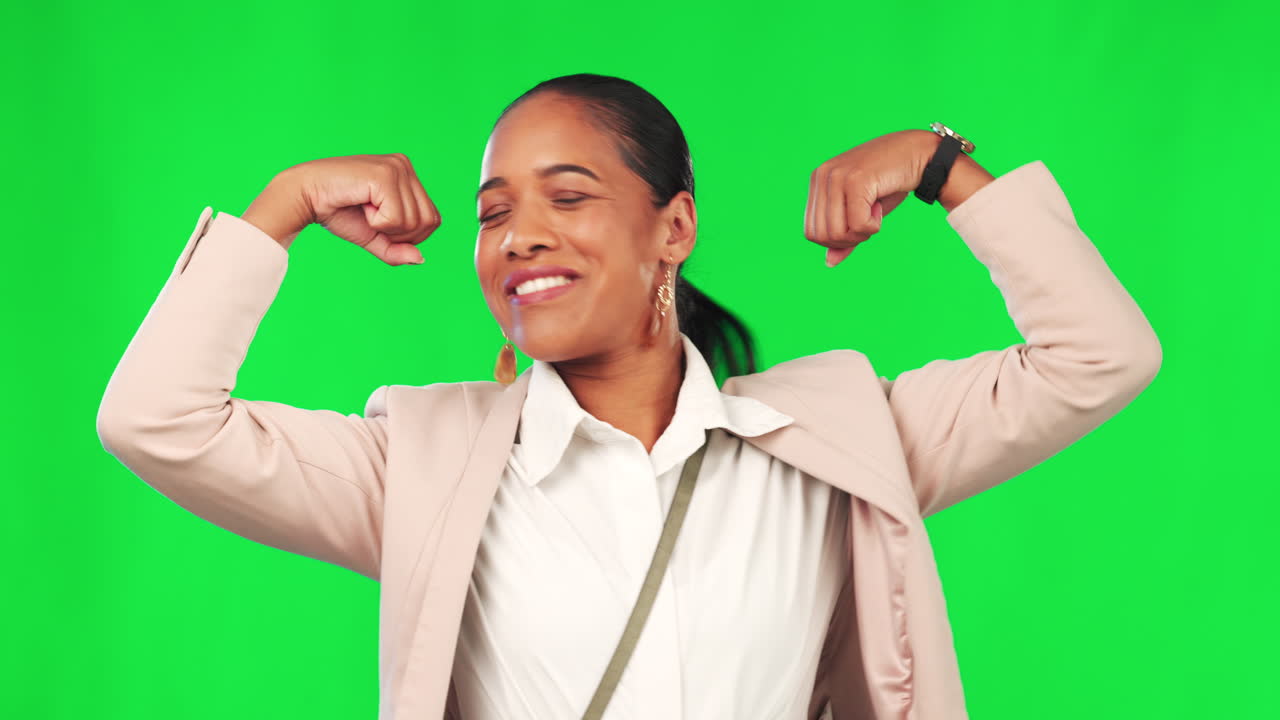 Business woman, strong and portrait on green