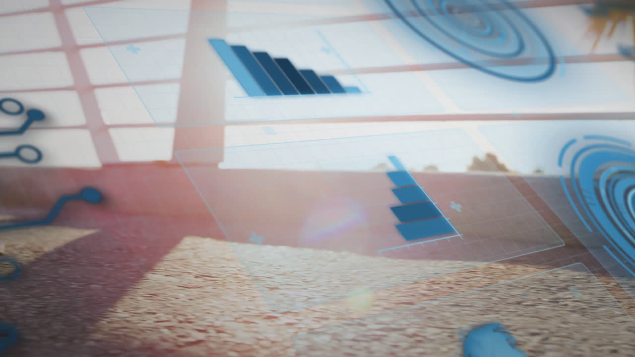 Digital graphs and charts animation over outdoor landscape with sunlight
