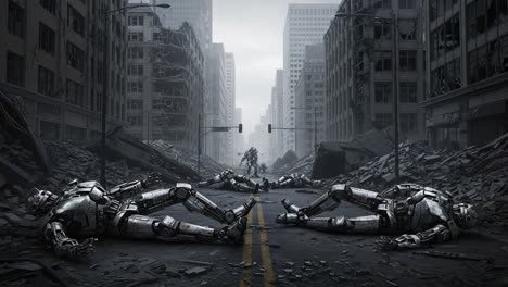 a desolate urban landscape dominated by abandoned robotic figures amidst the ruins of a once-thriving city, evoking themes of dystopia and technological failure.