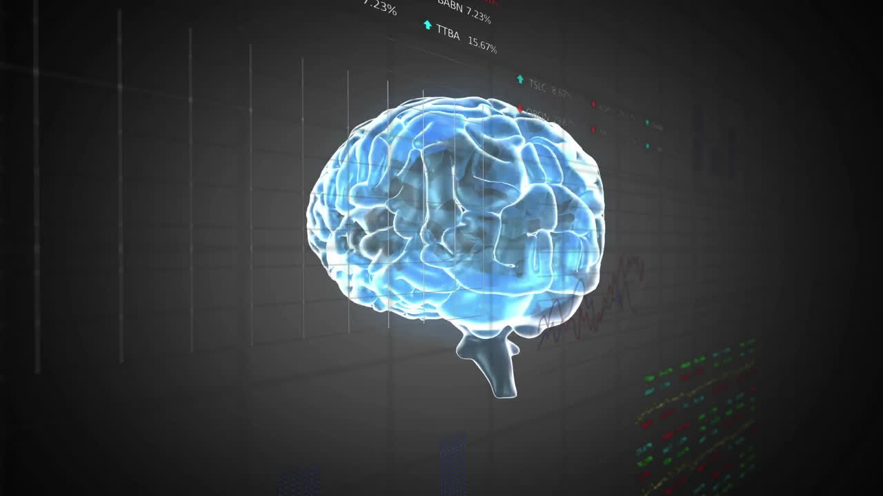 Animation of financial data processing over digital brain on black background
